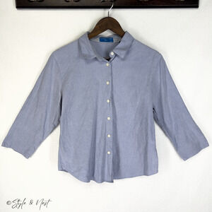 Karen Scott Sport Petite Preppy Button Blouse Baby Blue 100% Cotton Size Large